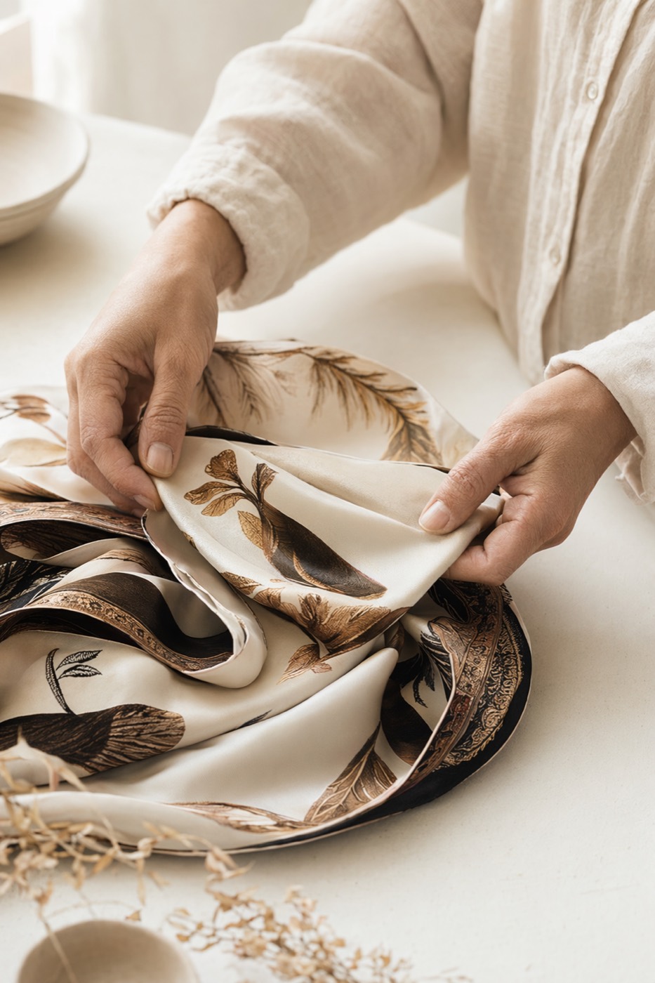 A silk scarf knotted softly at the neck against a warm ivory backdrop