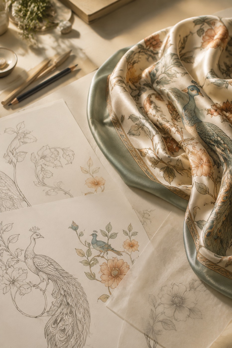 An original printed silk square laid flat, showing an in-house botanical motif