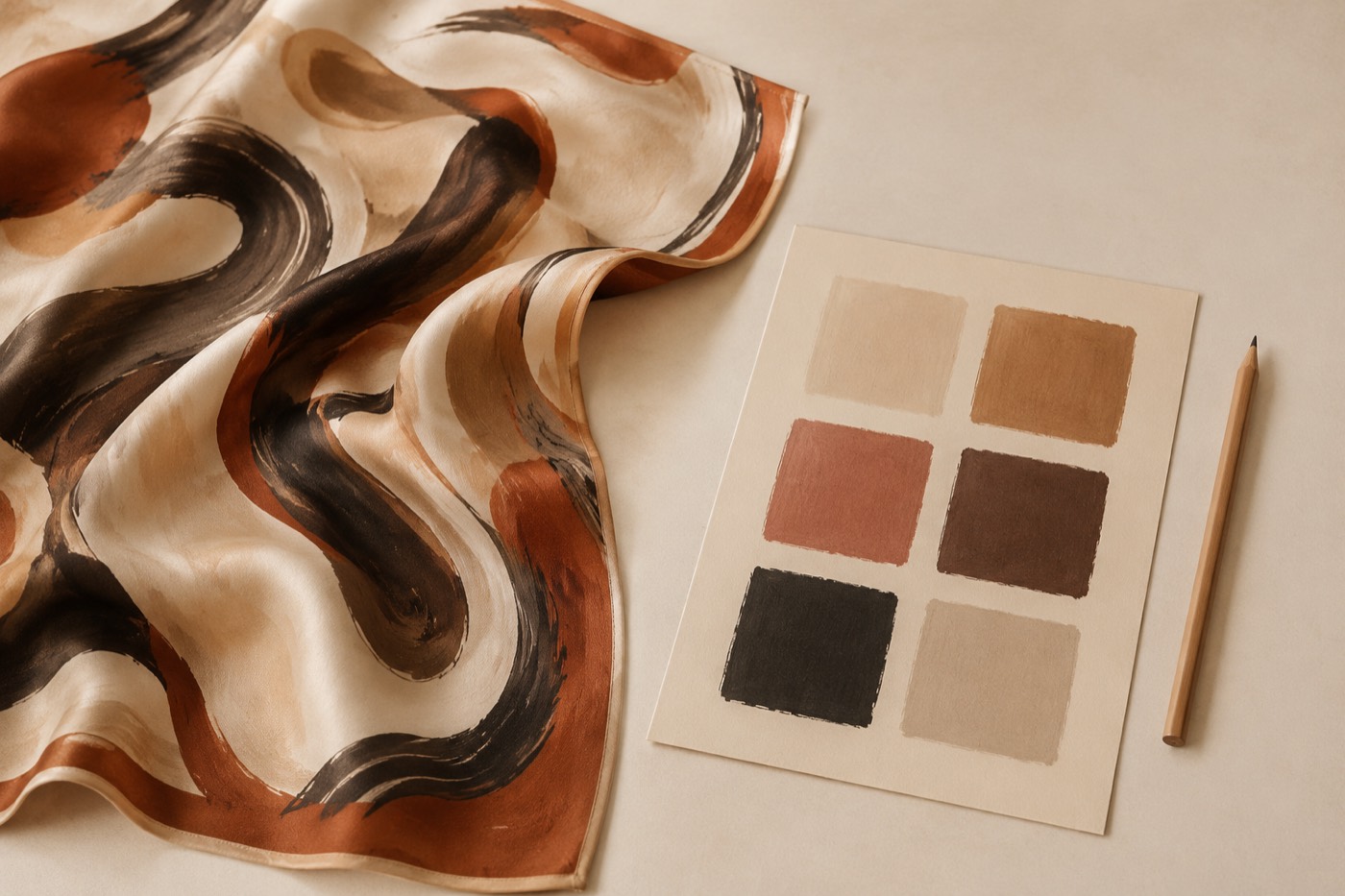 A custom-printed silk scarf laid flat with a colour brief