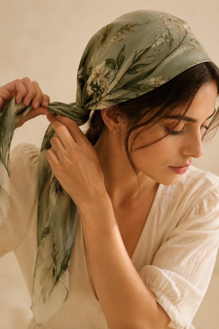 The hair wrap / headscarf — a silk square styled as described
