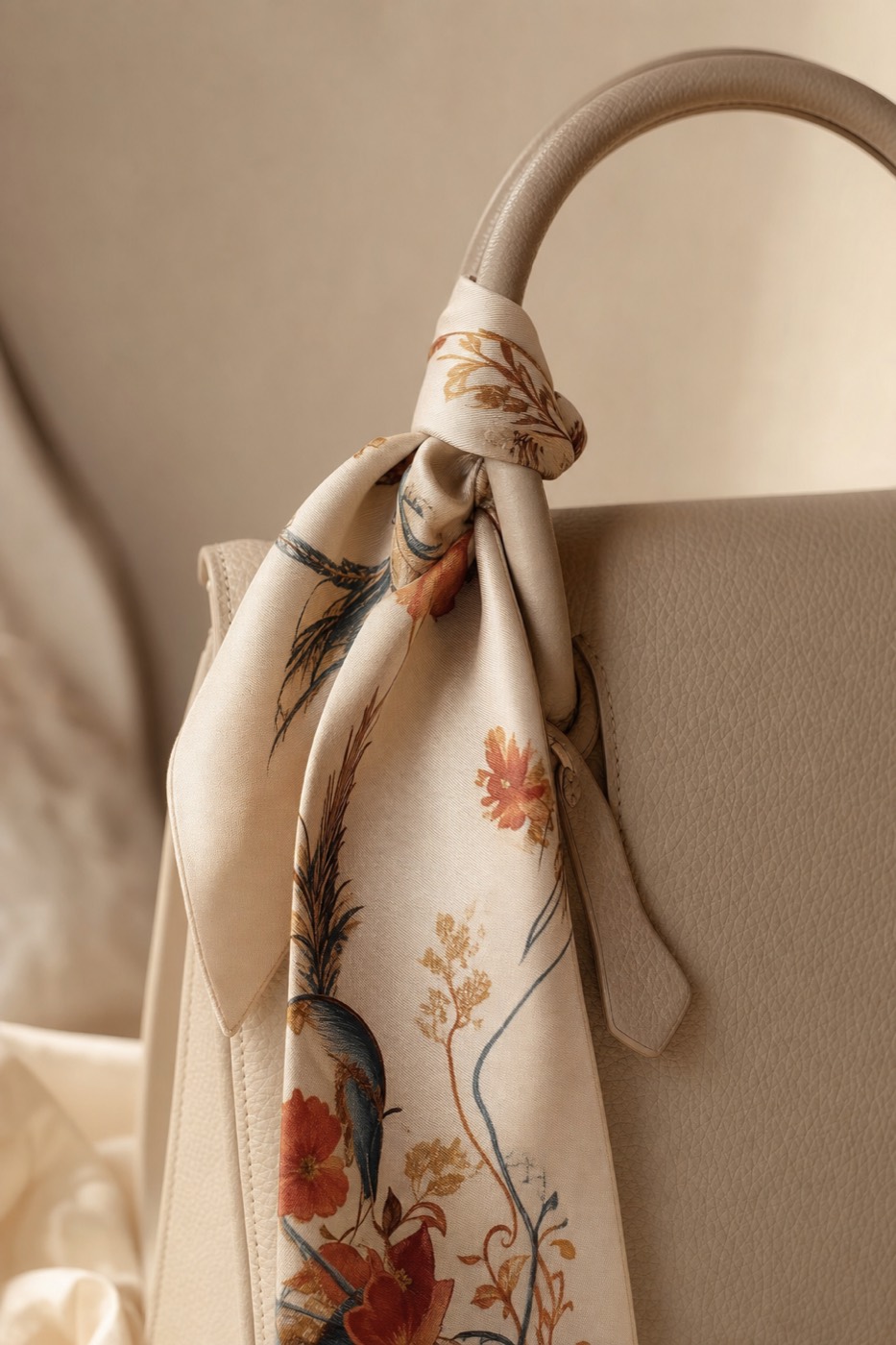 The bag twilly — a silk square styled as described