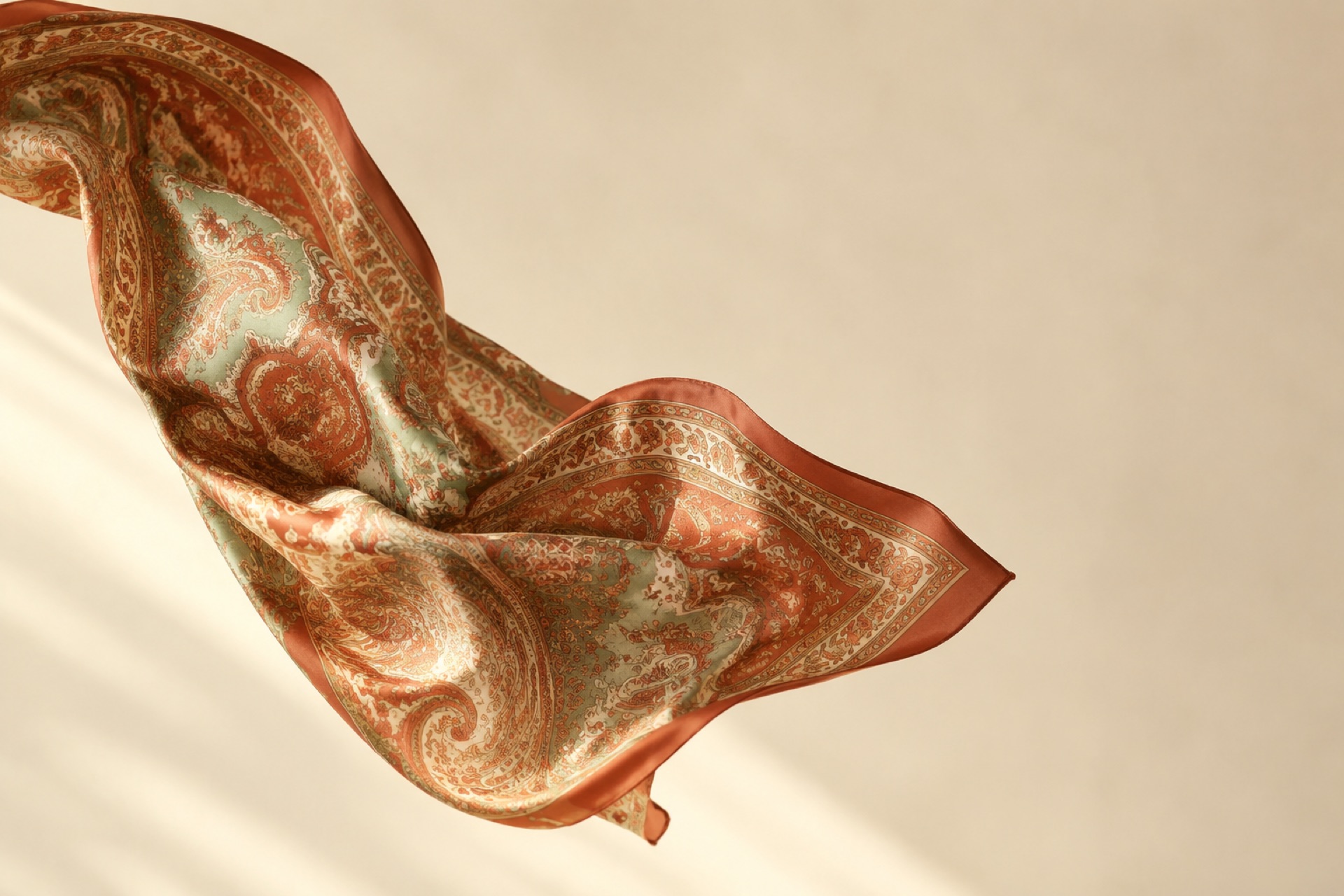 A printed silk scarf drifting against a warm ivory backdrop